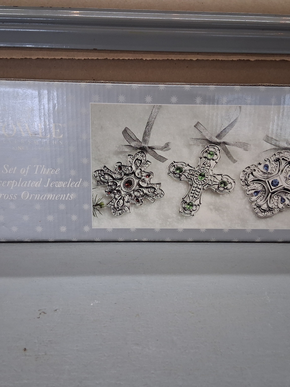 NIB Towle Silversmiths Set Of 3 Silver-Plated Jeweled Cross Ornaments